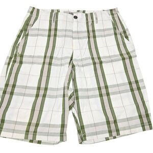 Marc Ecko Plaid Shorts Mens 34 White Green Tan Cotton Flat Front Casual Summer
